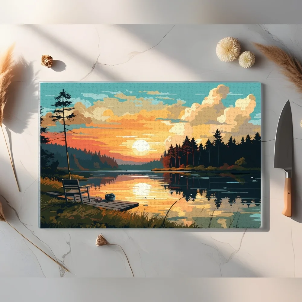Scenic Fishing Woods Sunset Fathers Day Gift Glass Cutting Board Size 11 X 8